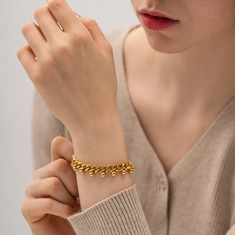 Bracciale A Maglia Cubana Da Donna In Acciaio Inossidabile Placcato Oro 18K Con Perle Rotonde