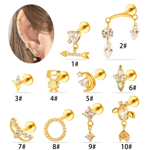 Titaniumlegering Zirkonia Piercing Studs Interne Schroefdraad Platte Achterkant Maan Hart Kraakbeen Oorbel Labret Lipring
