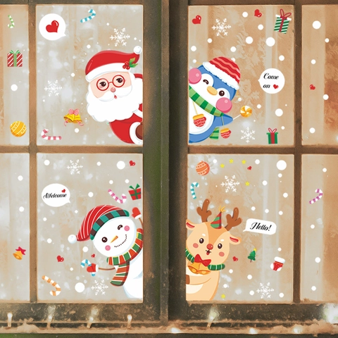 Adesivi Natalizi Per Finestre PVC Statico Cartone Animato Babbo Natale Pupazzo Di Neve Renna Stampa UV Vetro Porta