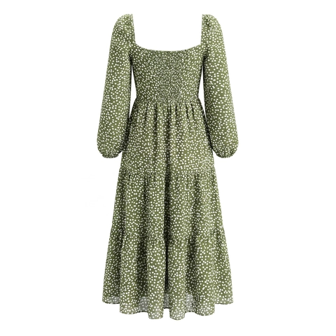 Women Polka Dot Print Maxi Dress Square Neck Long Puff Sleeve Smocked Tiered Cake Skirt Polyester Casual Elegant