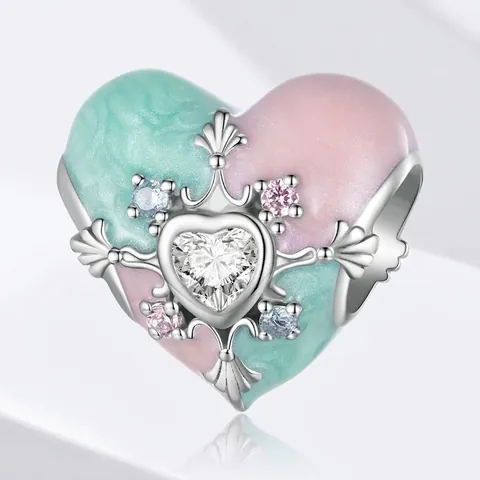 925 Sterling Silver Easter Heart Charm Pink Mint Green Enamel Zirconia Beads For DIY Bracelet Jewelry Making Women Gift