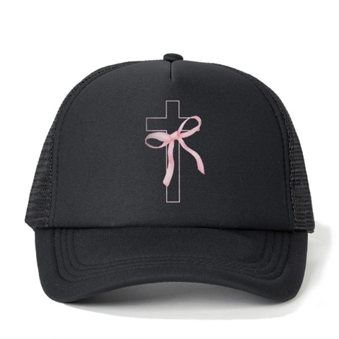 Berretto Trucker Y2K Baseball Poliestere Mesh Traspirante Rosa Croce Fiocco Stampa Regolabile Cappello Da Sole