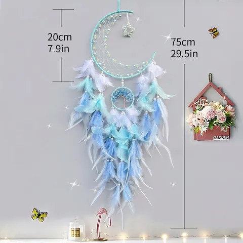 Moon Dream Catcher With Tree Of Life Pendant And Feathers Luminous Glow In The Dark Handmade Boho Wall Hanging Home Decor