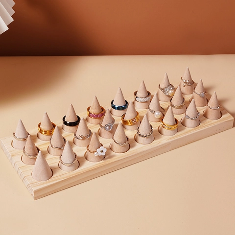 Solid Wood Ring Display Stand Cone Shaped Jewelry Organizer Tray Holder For Countertop Showcase Natural