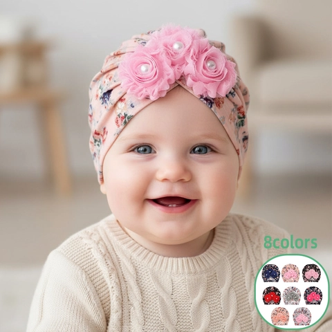 Baby Turban Mütze Blumenmuster Polyester Kleinkind Beanie Weich Dehnbar Kopfwickel Mit 3D Blumen Und Kunstperlen Für Neugeborene Mädchen