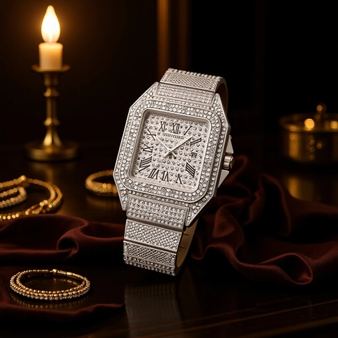 Luxury Men Square Quartz Watch Full Rhinestone Inlaid Alloy Case Stainless Steel Clasp Business Calendar Wristwatch