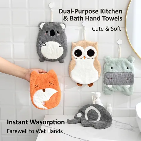 Cute Cartoon Animal Hand Towels Coral Fleece Absorbent Hanging Loop Bathroom Kitchen Quick Dry For Kids Koala Capybara