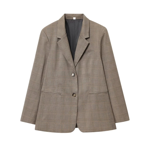 Blazer A Quadri Da Donna Giacca In Lana Monopetto Revers Vintage Casual Ufficio Marrone