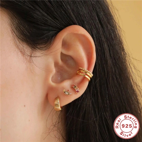 925 Sterling Silver Ear Cartilage Piercing Stud Earring Geometric Zirconia Threaded Ball Back Elegant Jewelry For Women