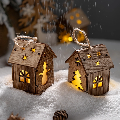 Weihnachts Holzhaus Hängende Dekoration Glühende LED Warmes Licht Hohles Design Für Baum Haus Desktop Festliche Dekoration