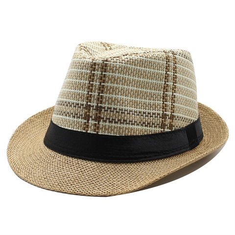 Unisex Stroh Fedora Hut Karo Gewebtes Papier Sommer Strand Sonnenschutz Atmungsaktiv Urlaub Jazz Kappe Mit Schwarzem Band