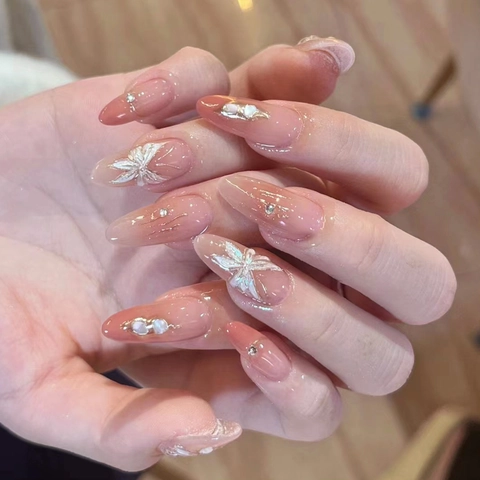 Blush Gradient Butterfly Press On Nails With Rhinestones Pearls Handmade Long Almond Fake Nails For Women Party Decoration