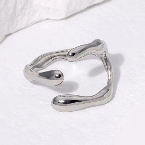 Irregular Stainless Steel Open Ring For Women Minimalist Liquid Metal Lava Geometric Adjustable Jewelry Ins Style
