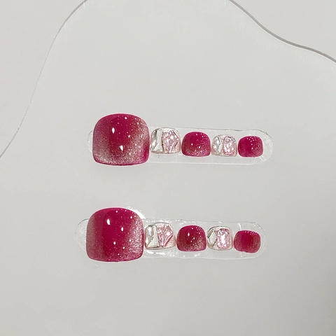 Handgemachte Katzenauge Pediküre Künstliche Zehennägel Beere Lila Glitzer Rhinestone Glänzend