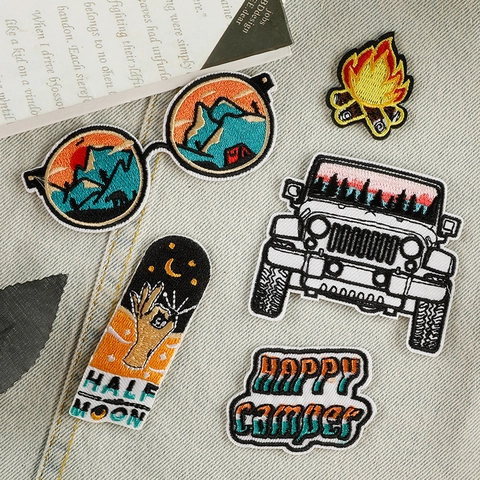 Embroidered Patches Iron On Outdoor Camping Theme Happy Camper Mountain Off-Road Vehicle DIY Clothing Decoration