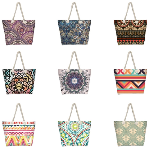 Bohemian Mandala Printed Canvas Tote Bag Large Capacity Beach Handbag With Cotton Rope Handles For Women Summer Travel