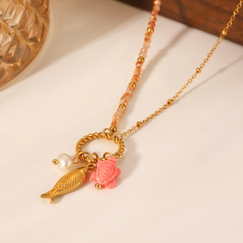 Ocean Theme Stainless Steel Necklace Artificial Pearl Goldfish Turtle Shell Pendants Summer Dainty Jewelry For Women Girls