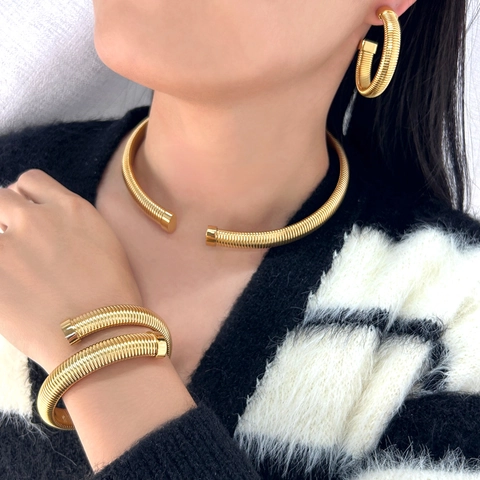 Collana Bracciale Orecchini In Acciaio Inossidabile Gioielli Per Donna Stile Tubogas Spirale Flessibile Accessorio Minimalista