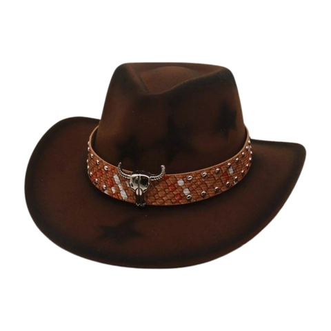 Western Cowboy Hat Wide Brim Felt Ethnic Style Bull Head Skull Buckle Star Pattern Vintage For Men Women