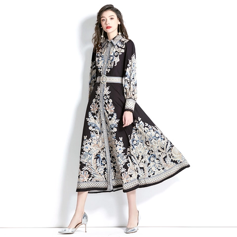 Robe Maxi Élégante À Manches Longues En Mousseline Motif Floral Paisley Col À Revers Simple Boutonnage Ceinturée Rétro
