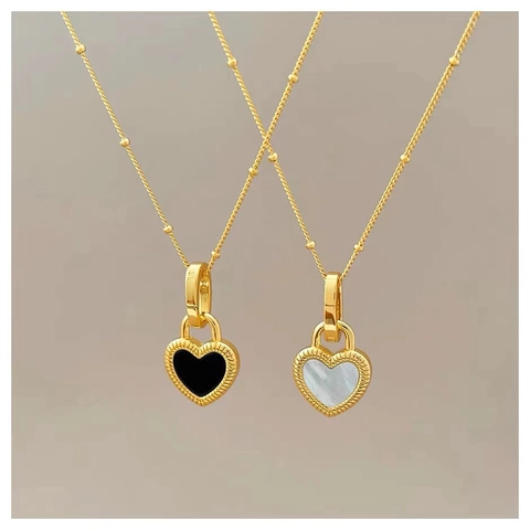 Collana con Pendente a Cuore in Acciaio Inossidabile Retrò per Donna Collane Placcate in Oro Smalto Bianco Nero Doppia Faccia Gioielli Trendy Minimalisti