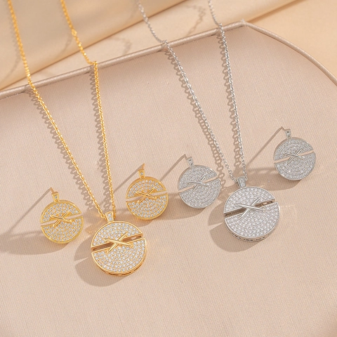 Round Cross Jewelry Set Copper 18K Gold Plated Cubic Zirconia Necklace And Earrings For Women Elegant Fashion