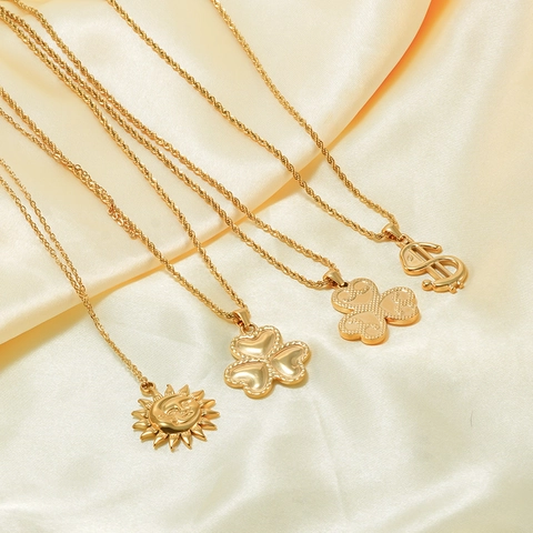 Stainless Steel Pendant Necklace For Women Men 18K Gold Plated Dollar Sign Sun Moon Face Lucky Clover Streetwear Jewelry