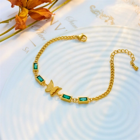 Vintage Stainless Steel Butterfly Bracelet For Women Gold Plated Green Square Rhinestone Link Chain Adjustable Jewelry