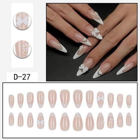 Unghie Finte Press On Stile Francese Punte Per Unghie A Mandorla Lunghe Con Fiocco Bianco 3D Fiori Di Perla Artificial Cuori In Rilievo Per Donna Decorazione Manicure Elegante Dolce