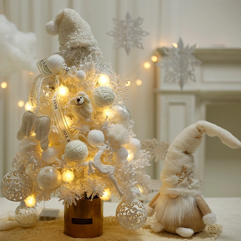 Mini Árbol De Navidad Flocado Blanco Con Luces LED Decoración Escritorio Adornos Ángel Gnomo Estilo Nórdico