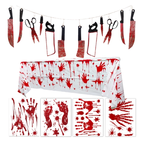Bloody Knife Banner Halloween Haunted House Decoration Horror Tool Garland Spooky Party Hanging Ornament PVC Paper