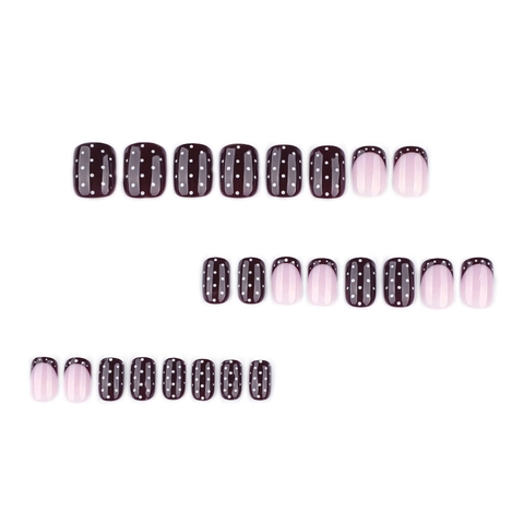 Wine Red Press On Nails White Polka Dot French Tip Short Square Artificial Fake Nails For Women Glossy