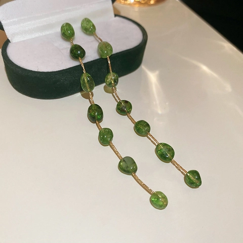 Vintage Retro Green Irregular Geometric Stone Long Dangle Drop Earrings With Silver Earring Post Alloy For Women