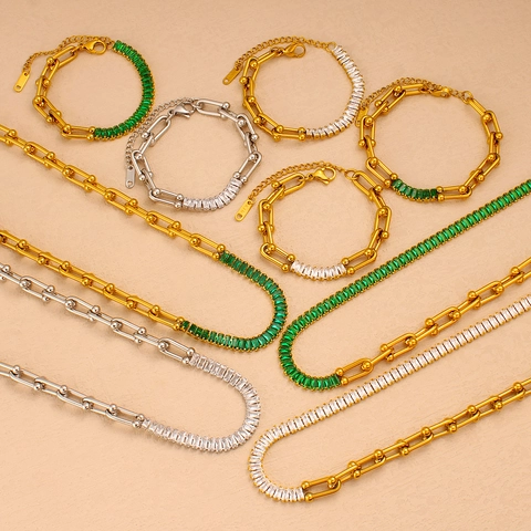 Hip Hop Stainless Steel U Link Chain Jewelry Set With Baguette Zirconia Gold Silver Plated Necklace Bracelet For Women