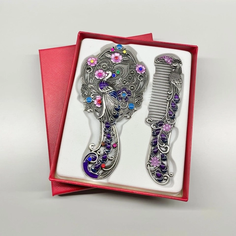 Vintage Peacock Butterfly Handheld Mirror And Comb Zinc Alloy Enamel Rhinestone Portable Makeup Tool Gift Boxed