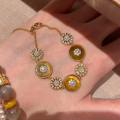 Retro 18K Gold Plated Tiger Eye Stone Zircon Round Sunflower Motif Adjustable Bracelet Jewelry For Women Elegant
