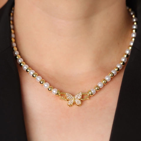 Elegante Naturperle Halskette Für Damen Kupfer Kugelkette Mit Schmetterling Herz Anhänger Gold Strass Eingelegter Schmuck Geschenk