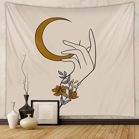 Tapiz De Pared Bohemio Poliéster Decoración Colgante Arte De Línea Minimalista Mano Luna Flor Para Dormitorio Sala De Estar