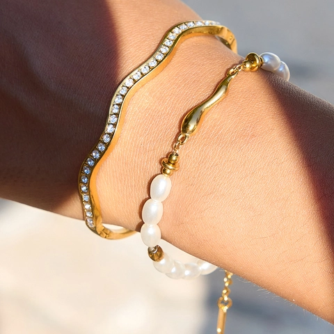 18K Gold Plated Stainless Steel Wave Bangle And Artificial Pearl Bracelet Cubic Zirconia Stackable Elegant Jewelry For Women