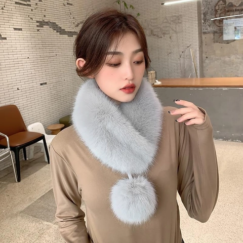 Women Faux Fur Scarf Neck Warmer With Pom-Pom Winter Warm Soft Plush Solid Color Cross Wrap Fashion Elegant