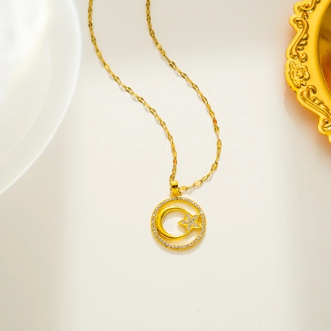 Collar Con Colgante De Luna Y Estrella De Acero Inoxidable Para Mujer Cristal Redondo Geométrico Cadena Clavícula