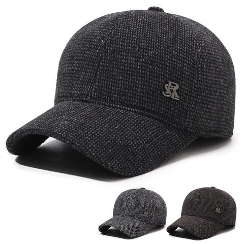 Heren Winter Wollen Honkbalpet Met Oorbescherming Warm Winddicht Katoenmix Verstelbare Vintage Vader Pet