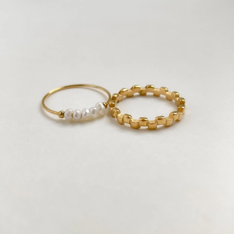 Titanium Steel Gold Plated Ring And Geometric Grid Ring And White Artificial Pearl Ring French Vintage Minimalist Jewelry For Women
