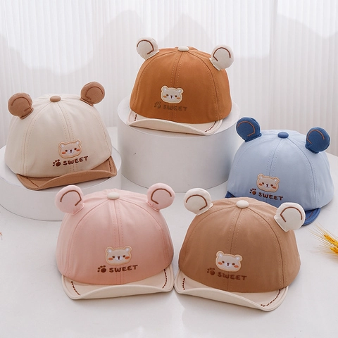 Cute Baby Baseball Cap Cotton Blend Short Brim Peaked Hat With 3D Bear Ears Cartoon Embroidery Sun Protection For Infant