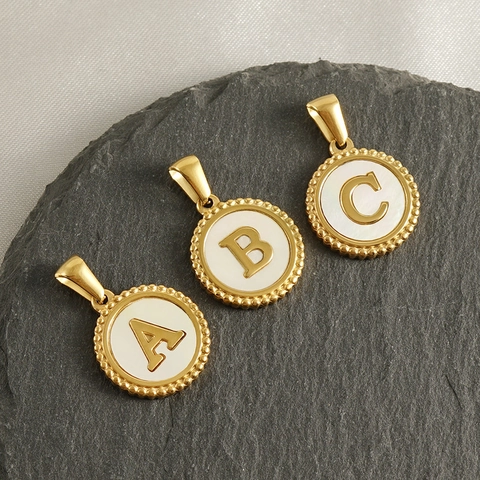 Ronde Letter Hanger Ketting 18K Verguld Roestvrij Staal Schelp Inleg Kralenrand Sieraden