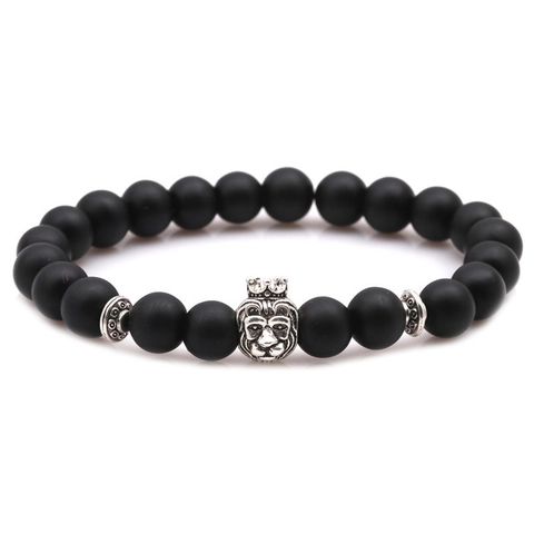 Men's Natural Stone Beaded Bracelet With Alloy Lion Head Charm Retro Punk Elastic Hand Chain Agate Lava Tiger Eye Accessory