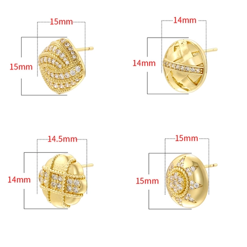 Vintage Copper Zirconia Stud Earrings Light Luxury Geometric Square Sunburst Lattice Round Earrings Women Fashion Jewelry
