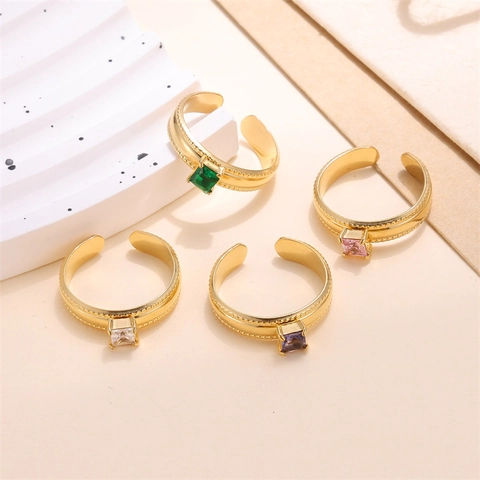 18K Gold Plated Stainless Steel Open Ring For Women INS Style Geometric Zirconia Inlaid Adjustable Square Finger Ring