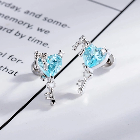 Zircon Heart Key Ear Cartilage Stud Titanium Steel Copper Bow Design Piercing Earring For Women