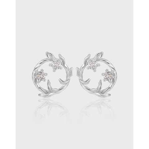 925 Sterling Silver Zirconia Flower Wreath Stud Earrings For Women Tiny Twining Vine Leaf Circle Earrings Botanical Jewelry